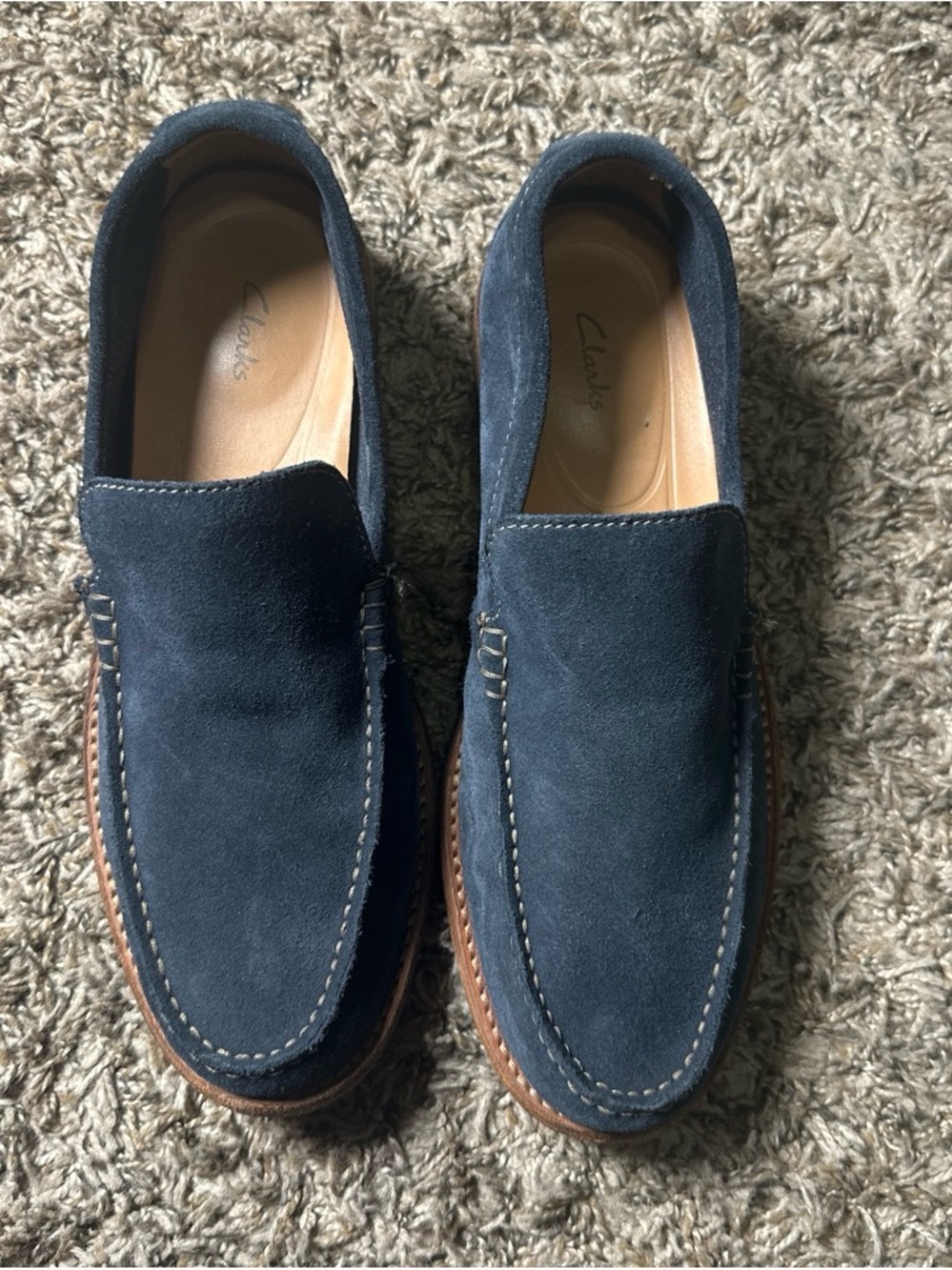 Clarks Men’s Navy Suede Slip On Loafers Moc Toe Casual Dress Shoes Size 8M